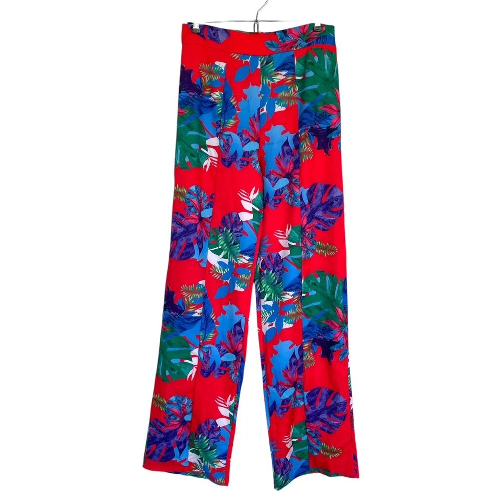 Hawaiian High Waist Wide Leg Pants Size L 30x34 Monstera Tropical Beach Resort